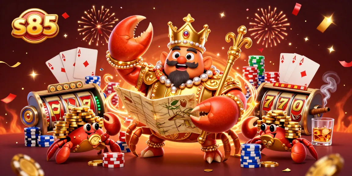 Join the excitement at s85 with a golden crab emperor ruling over a vibrant casino scene.