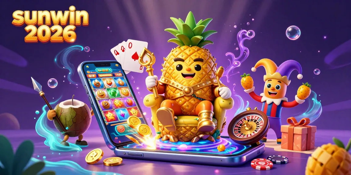Experience the vibrant world of sunwin 2026 with the golden pineapple king celebrating wins in a beach casino.