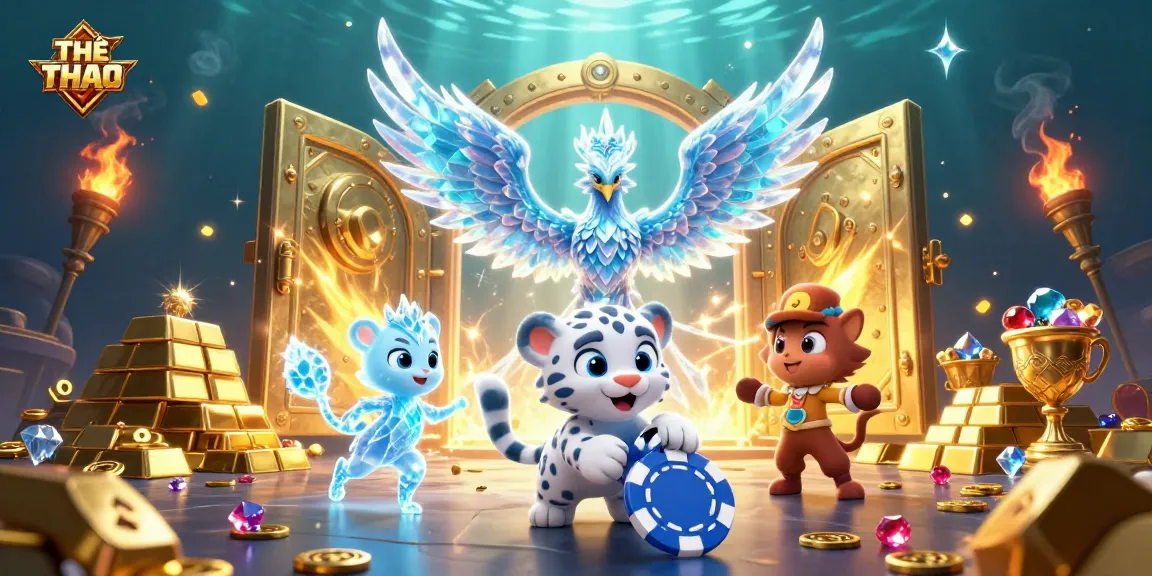 Experience the thrill of THỂ THAO with a sparkling 3D casino illustration showcasing vibrant characters and treasure.
