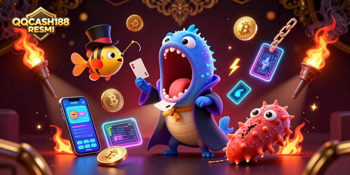 Engage with QQCASH188 RESMI through an animated casino magic performance featuring sea creatures and crypto elements.