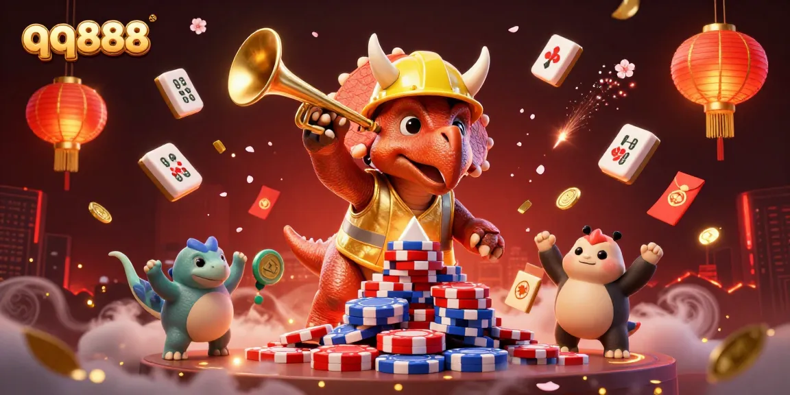 Engage with thrilling poker action at qq888, featuring festive characters celebrating wins.