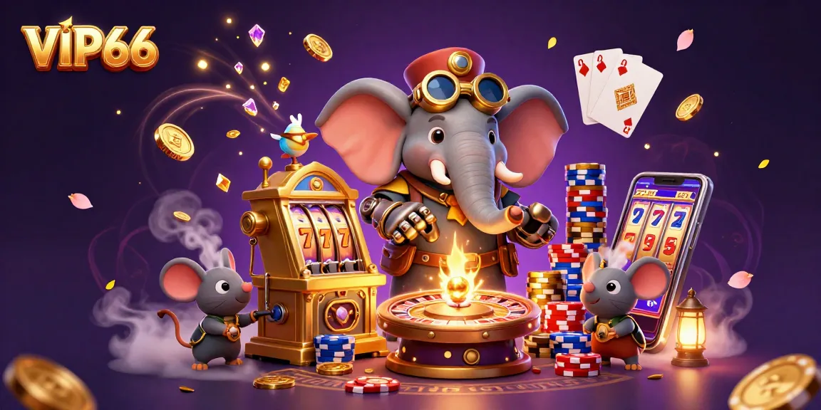 Experience the thrill of VIP66 as you spin the golden slot machine amid cascading coins and colorful chips.