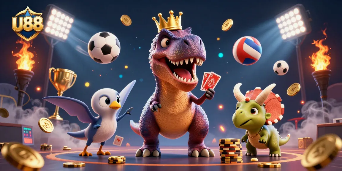 Experience dynamic U88 sports betting with playful dino characters shuffling cards and stacking chips.