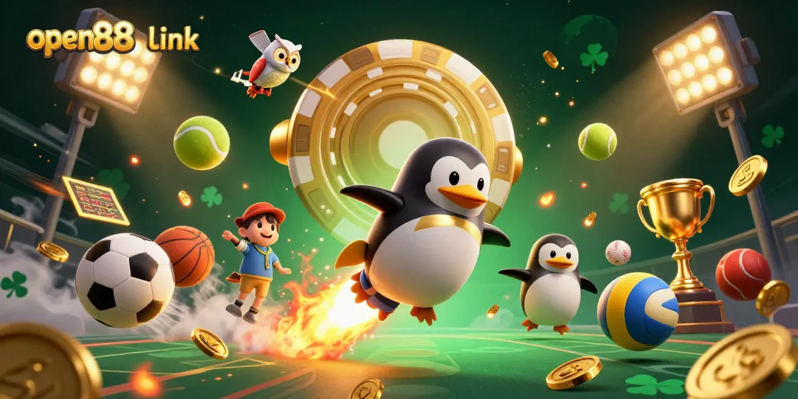 Experience winning with the open88 link and vibrant casino-themed 3D illustration featuring dynamic elements.