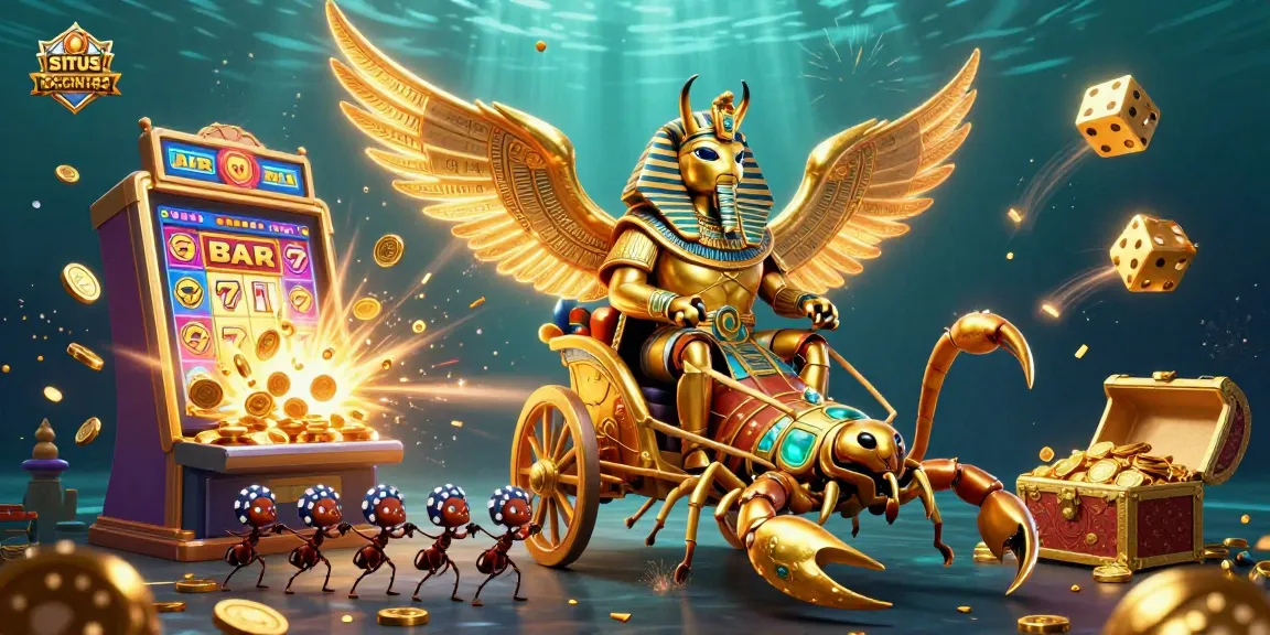 SITUS IDCOIN188 captivates players with a stunning, dynamic casino scene featuring slot machines, golden beetles, and vibrant game elements.