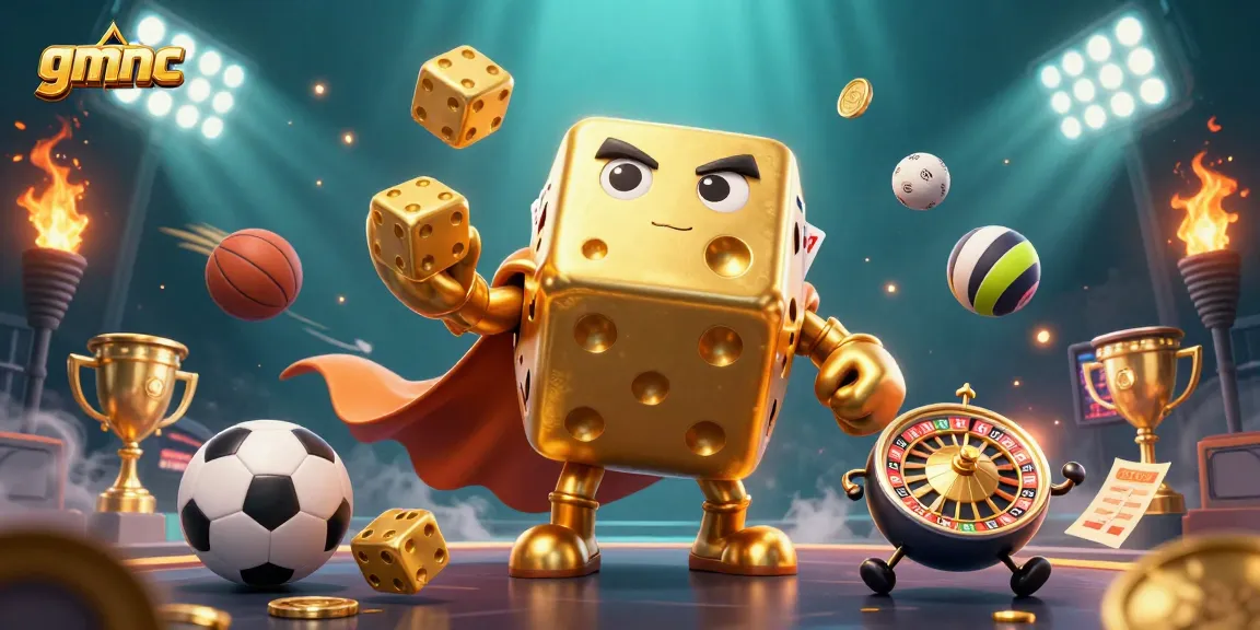 Experience the excitement of gmnc with a dynamic 3D illustration featuring golden dice and vibrant sports elements.