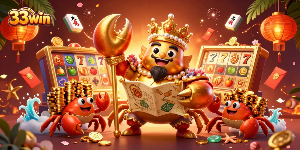 Engage with the 33win gaming universe featuring a golden crab emperor and vibrant slot elements