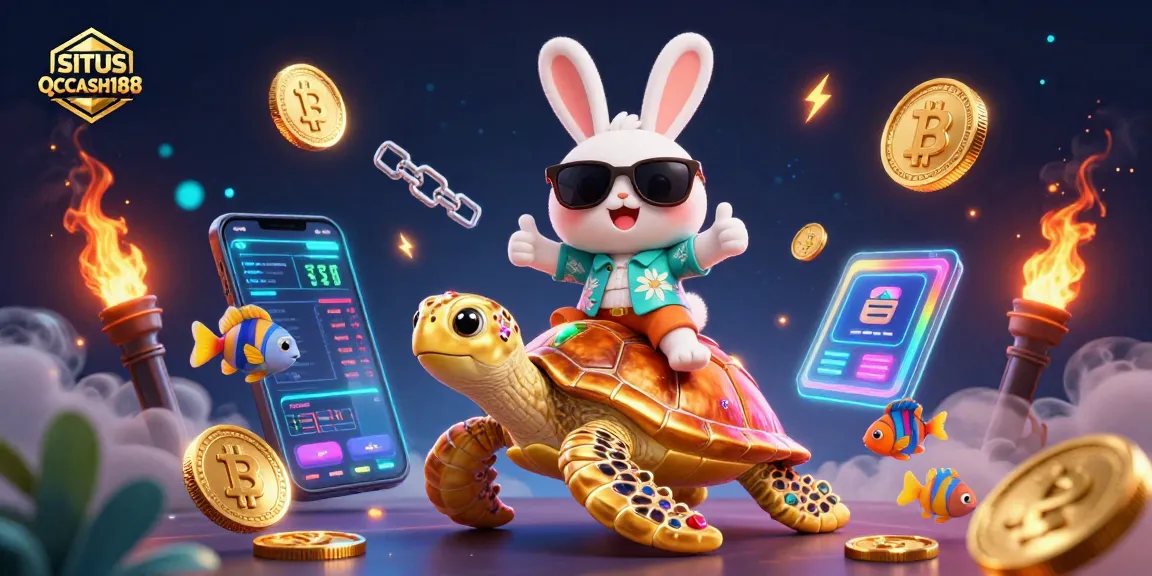 SITUS QQCASH188 offers thrilling gameplay with a lucky rabbit and golden turtle in a vibrant crypto casino scene.