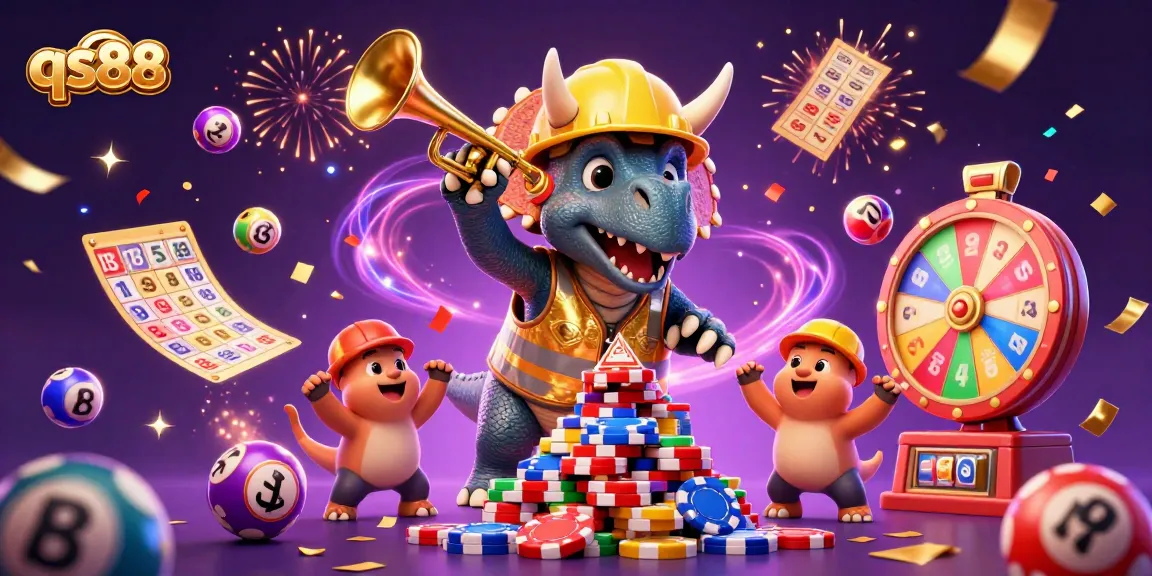 qs88 engages players with a vibrant scene of a triceratops building poker chips amid lottery and casino elements.